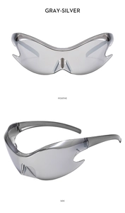 Detailed front and side views of silver gray futuristic Y2K wrap-around sports sunglasses