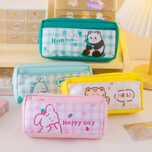 Cartoon canvas pencil case with cute animal prints and large capacity storage for students