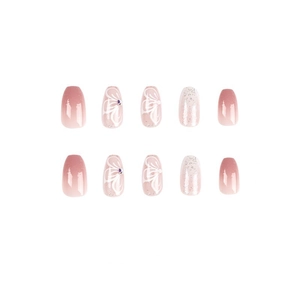 Faux ongles dégradés roses avec fleurs et paillettes, lot de 10 pièces élégantes