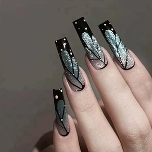 Butterfly Wings Press On Nails Long Coffin Cat Eye Glitter ABS Plastic Detachable False Nails Luxury Manicure Women