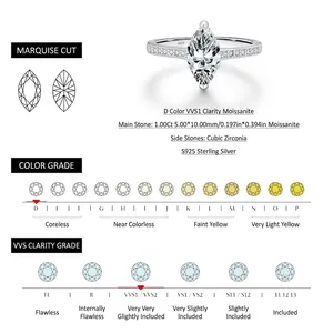 S925 Sterling Silver Ring featuring a 1.00Ct Marquise Cut Moissanite and Cubic Zirconia