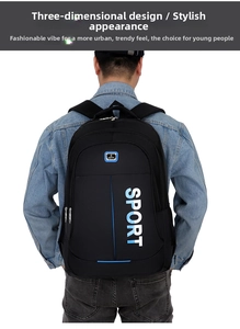 Close-up of black Oxford cloth backpack with SPORT logo and side mesh pocket detail