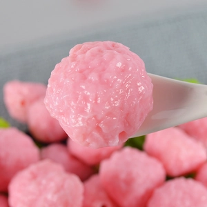 Realistic PVC miniature pink fish ball model in white ceramic spoon for DIY food play