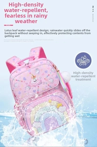 Waterproof pink school bag detail showing high-density splash-resistant fabric and unicorn pattern