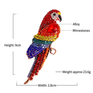 Vintage parrot brooch with multi-colored rhinestones and gold alloy base in 9cm height
