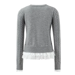 Women's grey cable-knit cardigan with delicate white lace trim on cuffs and hem