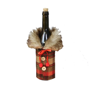 Handmade red and green plaid Christmas wine bottle cover with faux fur collar and buttons