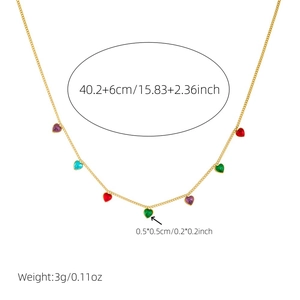 Detail view of multi-color heart pendant necklace with dimensions and weight specs