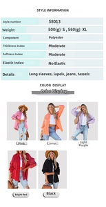 Detailansicht der Oversize-Jeansjacke mit Fransenbesatz und fünf verschiedenen Farboptionen