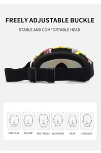 Detail view of adjustable buckle and face shape guide for black graffiti ski goggles
