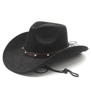 Western Cowboy Hat Retro Faux Suede Wide Brim Fedora With Turquoise Studded Leather Band And Adjustable Wind Rope Unisex