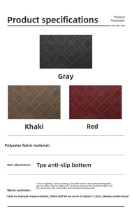 Detail of polyester door mat with TPE non-slip backing in grey, khaki, and red