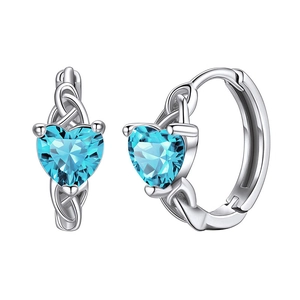 Elegant heart-shaped light blue gemstone earrings with Celtic knot silver metal design