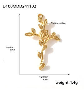 Detail view of 18K gold plated stainless steel cross pendant with rose vine texture
