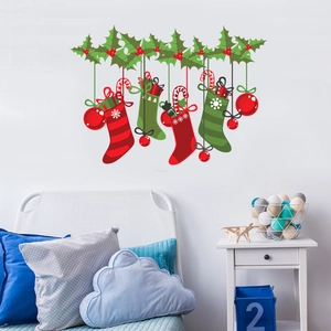 Christmas Wall Stickers PVC Stocking Ornaments Holly Leaves Decals Home Living Room Bedroom Festive Holiday Decoration