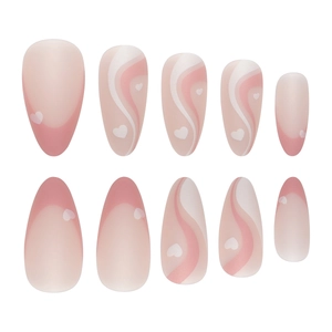 Pink almond press-on nails with white wavy lines and cute heart designs for women