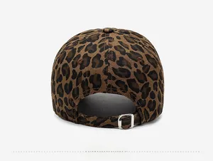 Detailed back view of leopard print baseball cap featuring adjustable metal buckle