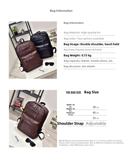 Detailed size chart for the PU leather backpack showing dimensions and specifications