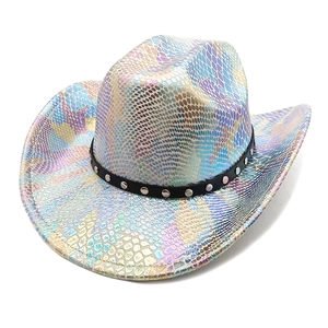 Metallic Iridescent Snakeskin Cowboy Hat Western Jazz Fedora With Rivet Leather Belt Party Costume For Men Women