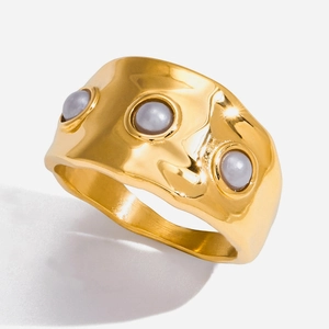 Bague élégante en acier inoxydable doré 18K avec texture martelée et perles grises