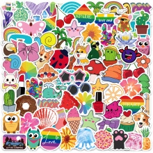 Detailed tile display of colorful cartoon stickers featuring rainbow, animal and food icons