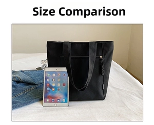 Canvas tote bag size comparison with an iPad showing large capacity and zipper pocket