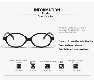 Détails de lunettes anti-lumière bleue avec dimensions et monture ovale en PC durable