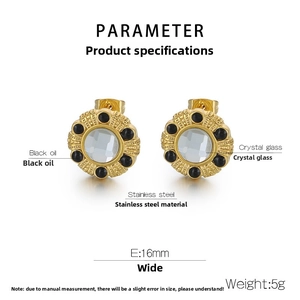 Détails de boucles d'oreilles en acier doré 18K avec cristal et incrustation noire