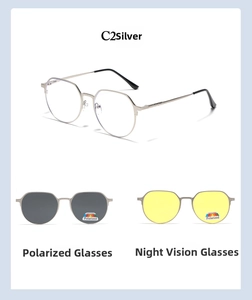 Metal round frame glasses with polarized gray and yellow night vision magnetic lenses