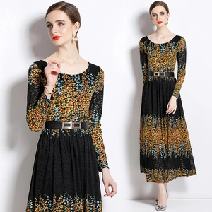 Vestido Largo De Encaje Con Estampado Floral Para Mujer Manga Larga Cuello Redondo Elegante Con Cinturón
