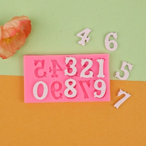 Macro view of pink silicone number mold showing 0-9 cavities for chocolate or fondant