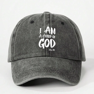 Close-up of I AM A CHILD OF GOD text on charcoal washed cotton vintage baseball cap