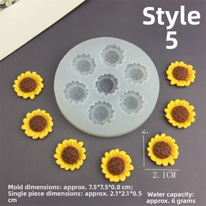 Detail of 8-cavity sunflower silicone mold with finished yellow flower resin creations