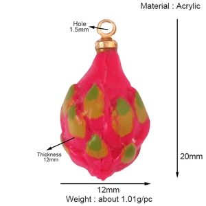 Detail view of pink acrylic pitaya fruit charm showing dimensions 20mm by 12mm and hole size