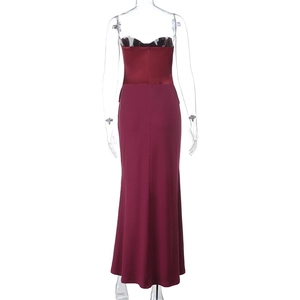 Rear view of sleek burgundy off-the-shoulder evening gown with corset boning detail