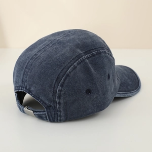 Deep blue washed denim 5-panel kids baseball cap with adjustable metal buckle and stitching