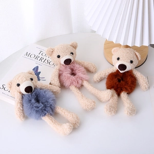 Cute plush bear elastic hair ties in blue, pink, and brown for girls hair styling