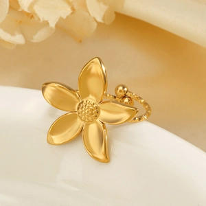 Stainless Steel Flower Ring Adjustable Open Band Exquisite Floral Ins Style Hip Hop Fashion Jewelry For Women
