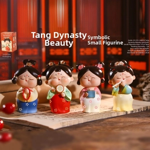 Detailed view of four Tang dynasty resin figurines with traditional Chinese motifs