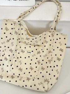 Large capacity cream corduroy tote bag with heart patterns and Sozakka brand label