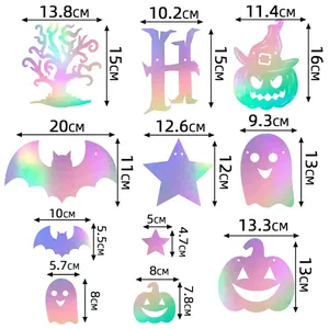 Size guide for holographic Halloween party banner with bat, pumpkin, and ghost decorations