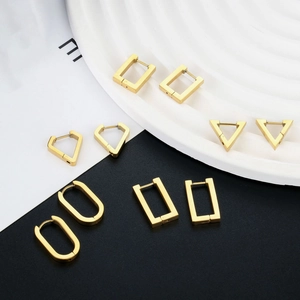 Minimalist geometric gold stainless steel earrings set in rectangle and triangle shapes