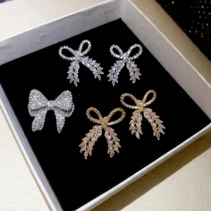 Bowknot Jewelry For Women Copper Zircon Brooch Earrings With 925 Sterling Silver Earring Post Elegant Shiny Luxury