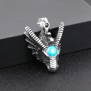Dragon Head Pendant Necklace Stainless Steel With Blue Stone Retro Gothic Punk Mythical Animal Jewelry For Men Boys