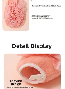 Detail of pink foaming scrub towel with rayon texture and PE mesh for deep skin cleaning