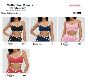 Collage of sports bras and leggings in black, blue, pink, and red with V-cut waist
