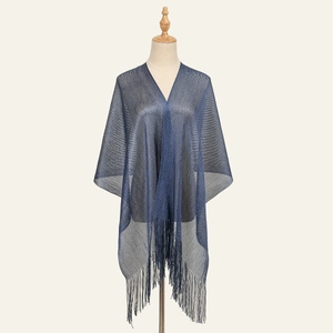 Dark blue shimmer metallic shawl with elegant fringe trim for evening beach cover-up