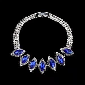 Elegant bridal necklace with blue marquise crystals and three rows of sparkling rhinestones