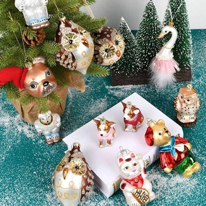 Christmas Tree Hanging Ornaments Glass Painted Animals Dog Owl Swan Lucky Cat Bear Glitter Festive Holiday Decor