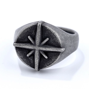 Vintage punk style compass star signet ring in oxidized silver finish for men